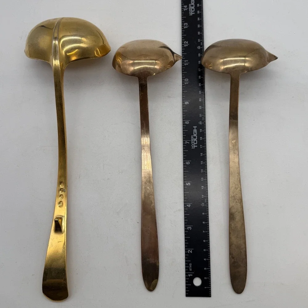 VTG MCM Thailand Bronze Brass Ladle Sauce Spoon Set 3 Gold Tone Floral Etched